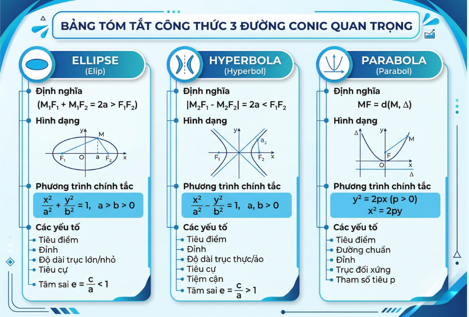 Bảng công thức 3 đường Conic dễ nhớ