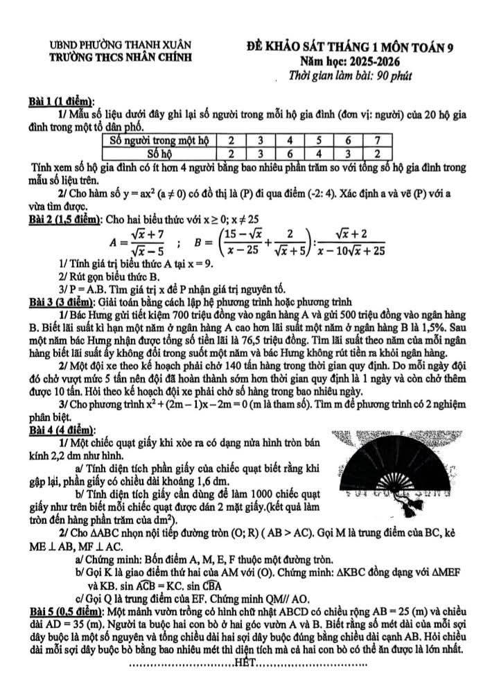 đề khảo sát Toán 9 tháng 1 của THCS Nhân Chính