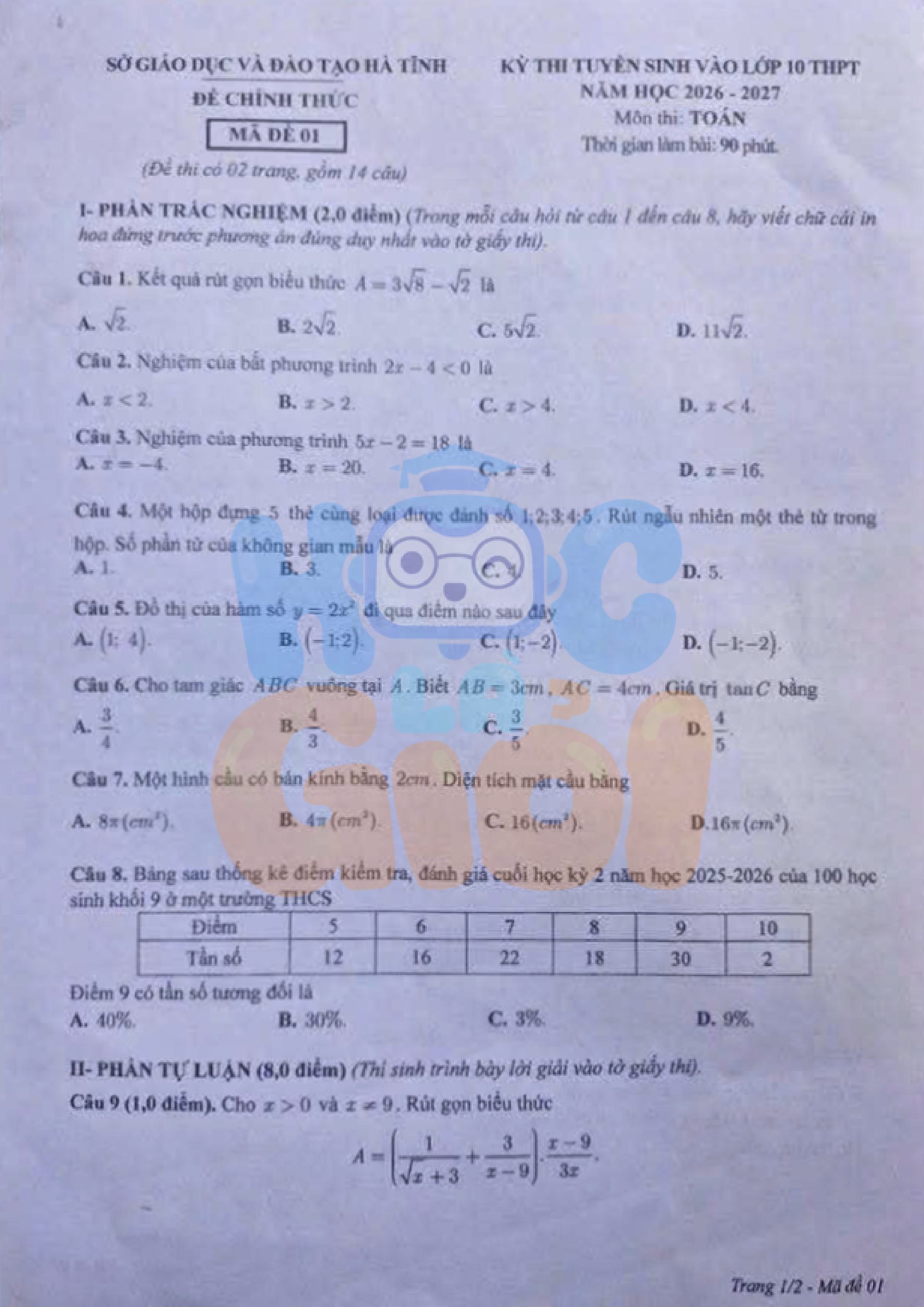 Đề thi và đáp án môn Toán vào 10 Hà Tĩnh 2026-2027