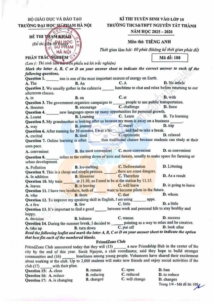Đề thi và đáp án vào 10 trường THCS&THPT Nguyễn Tất Thành - Hà Nội 2025-2026