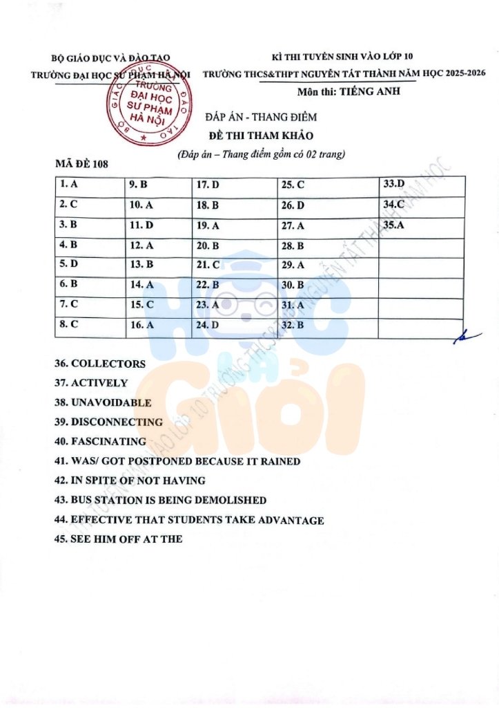 Đề thi và đáp án vào 10 trường THCS&THPT Nguyễn Tất Thành - Hà Nội 2025-2026