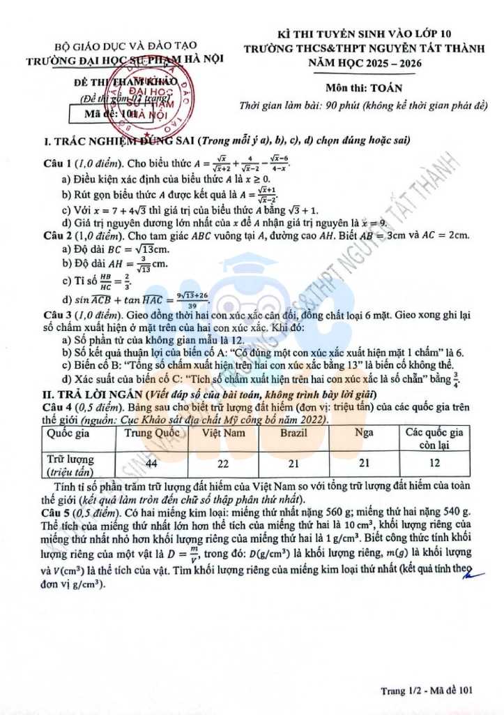 Đề thi và đáp án vào 10 trường THCS&THPT Nguyễn Tất Thành - Hà Nội 2025-2026