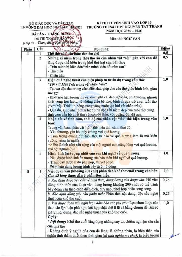Đề thi và đáp án vào 10 trường THCS&THPT Nguyễn Tất Thành - Hà Nội 2025-2026