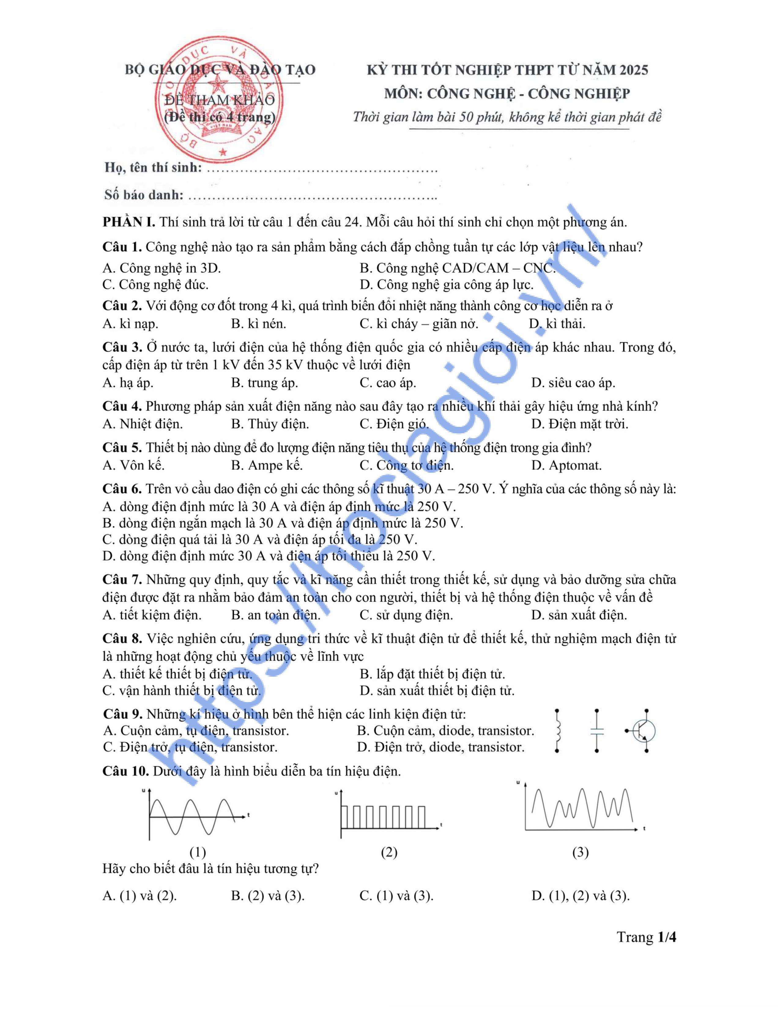 Đề tham khảo môn Công nghệ - Công nghiệp THPT quốc gia 2025-2026