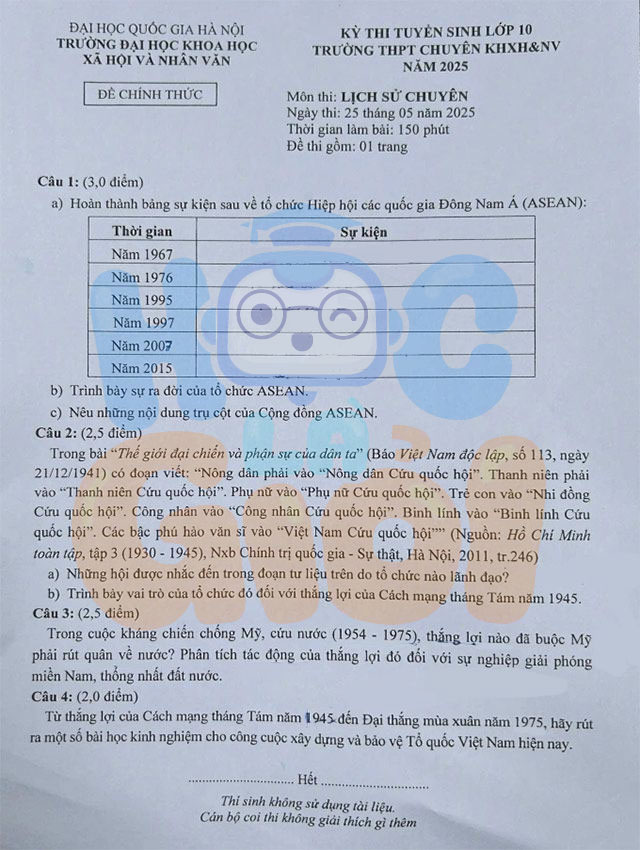Đề thi và đáp án môn Lịch sử vào 10 THPT chuyên KHXH&NV Hà Nội 2025