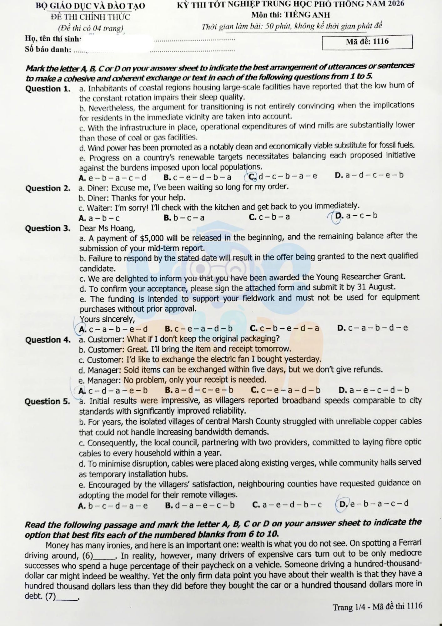 Đề thi môn Tiếng Anh THPT 2026 mã đề 1116
