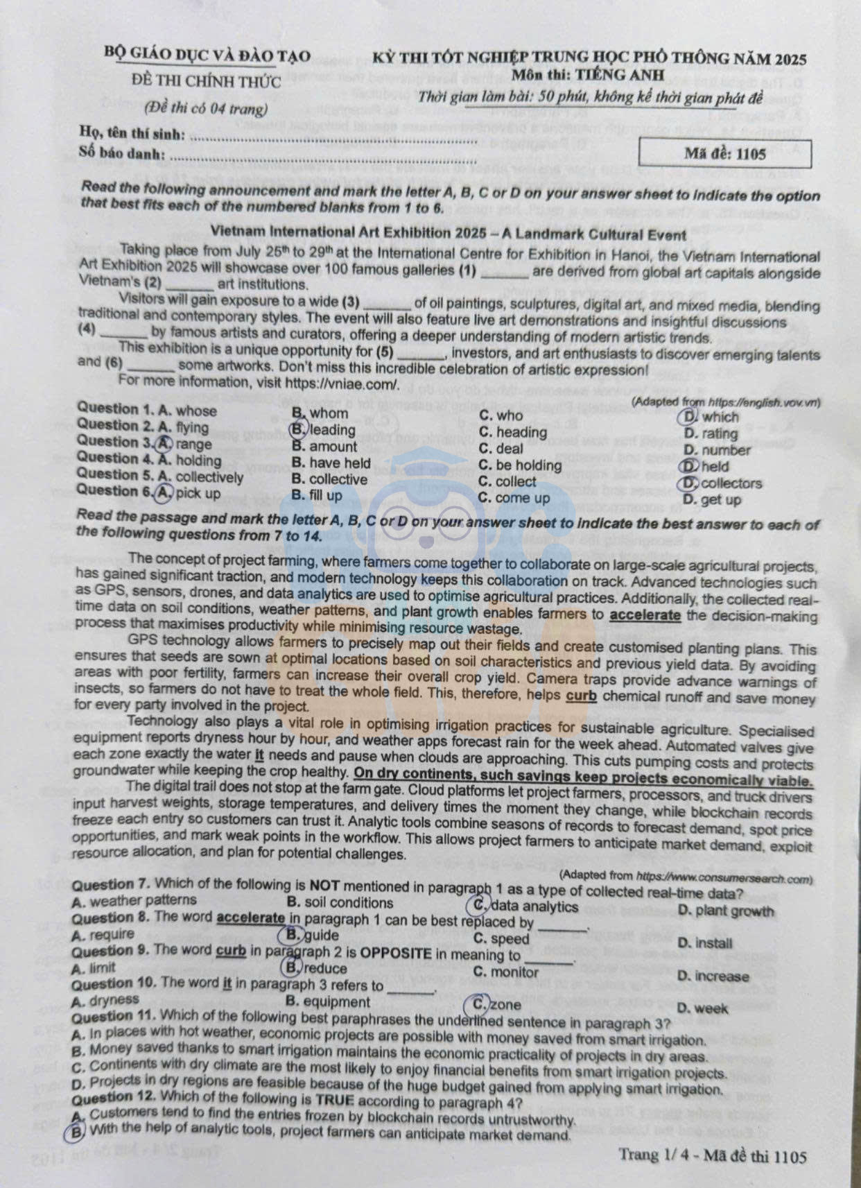Đề thi môn Tiếng Anh THPT quốc gia 2025-2026 -1105