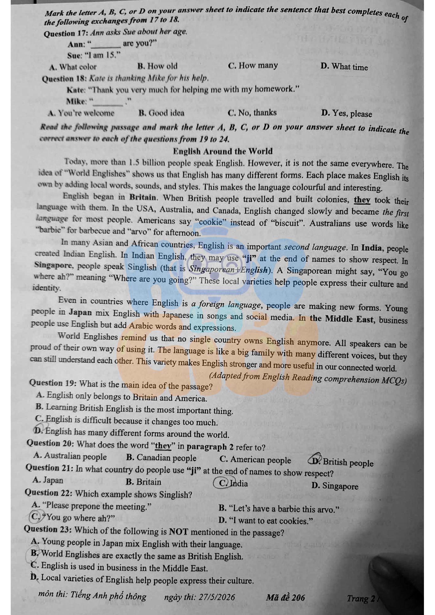 Đề thi Tiếng Anh vào 10 Đồng Tháp 2026 - 2027