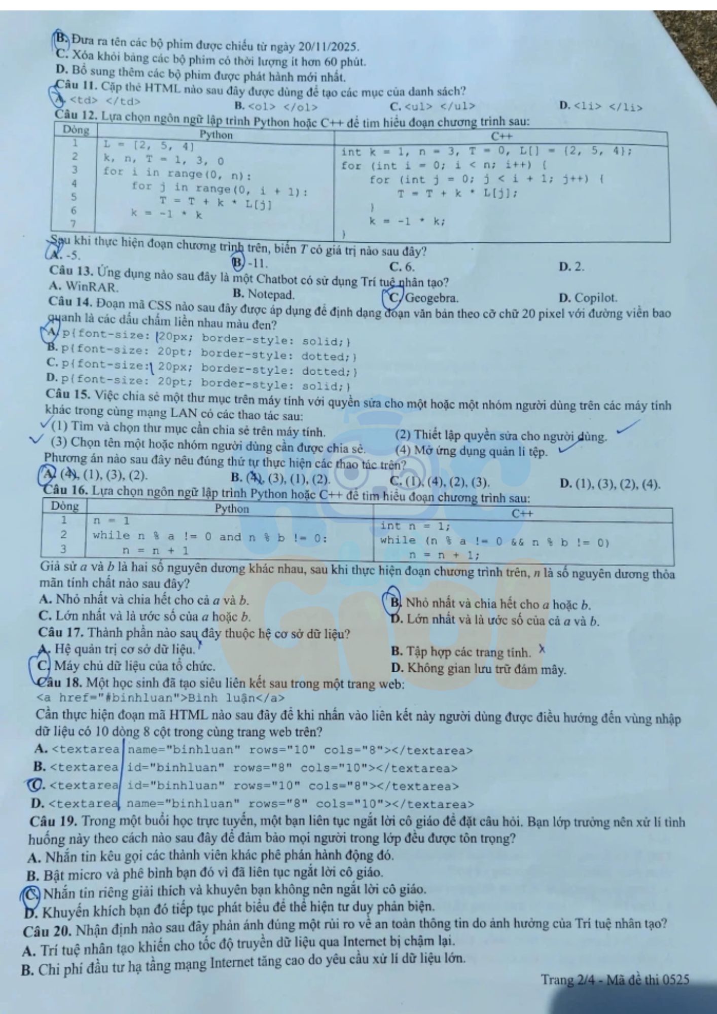 Đề thi môn Tin Học THPT 2026 đề 0525