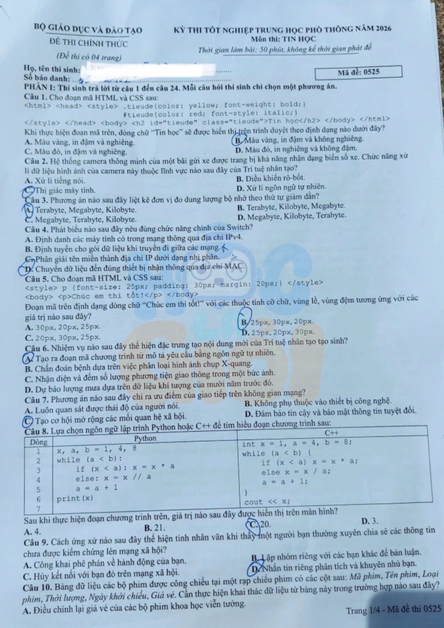 Đề thi môn Tin Học THPT 2026 đề 0525