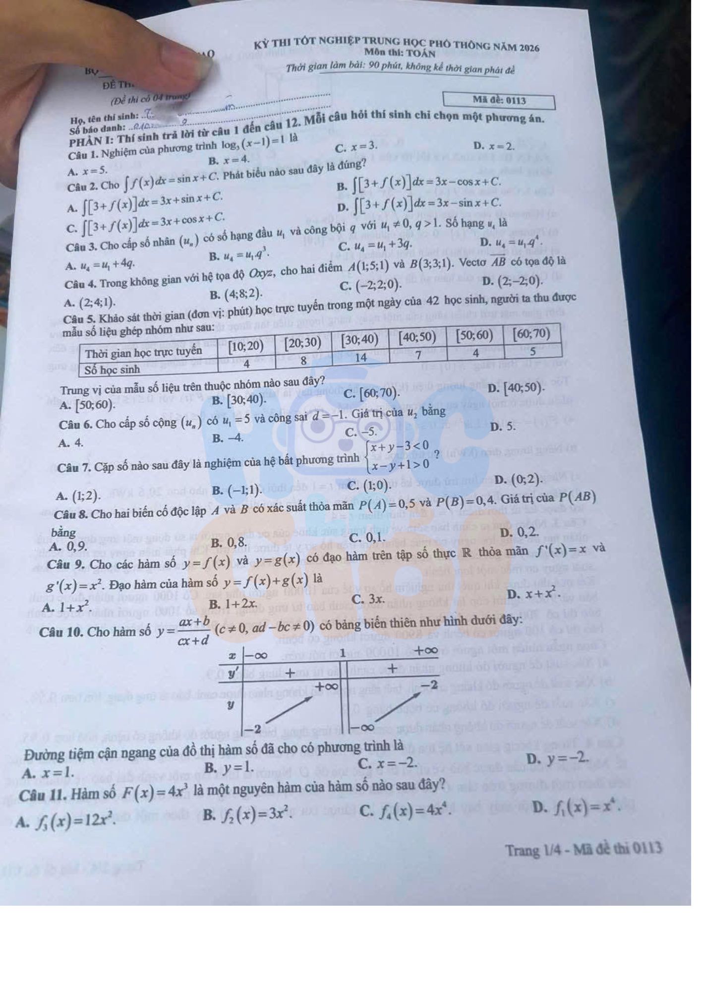Đề Toán mã 0113