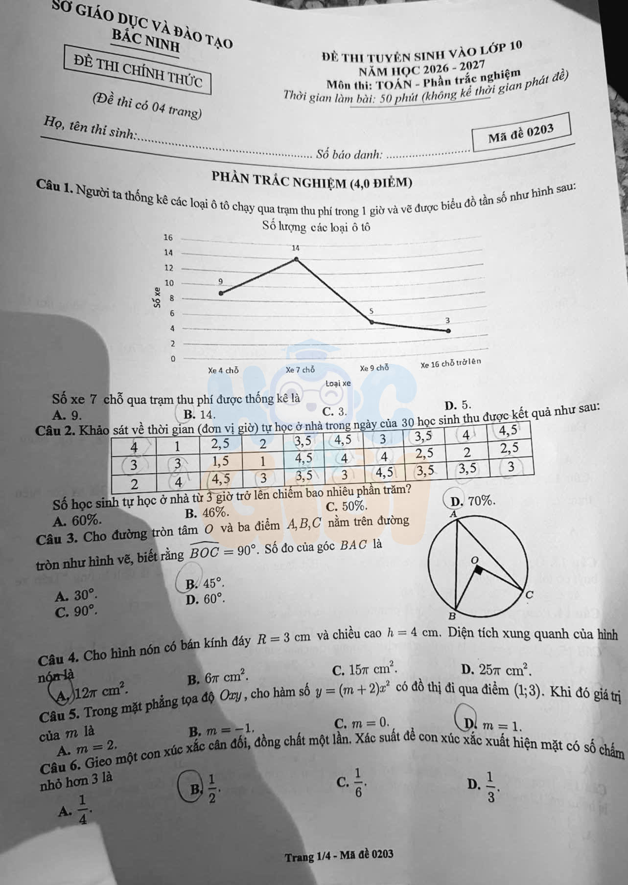 Đề thi môn Toán vào 10 Bắc Ninh 2026-2027