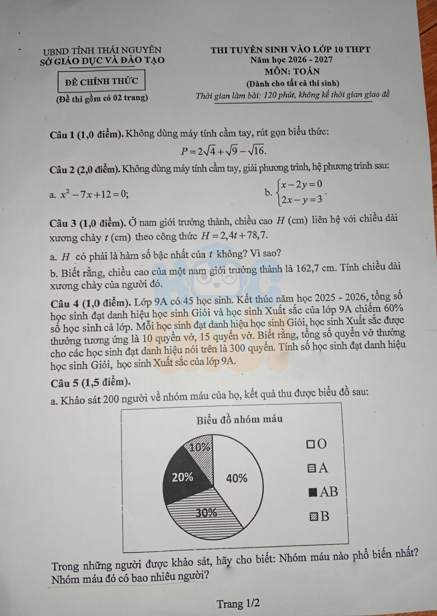 Đề thi môn Toán vào 10 Thái Nguyên 2026-2027