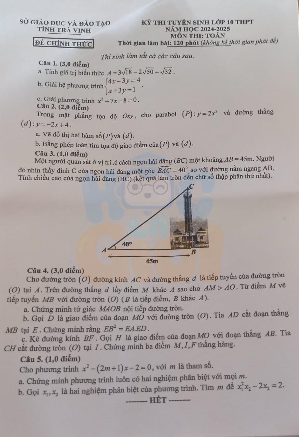 Đáp án, đề thi môn Toán vào 10 tỉnh Trà Vinh 2025