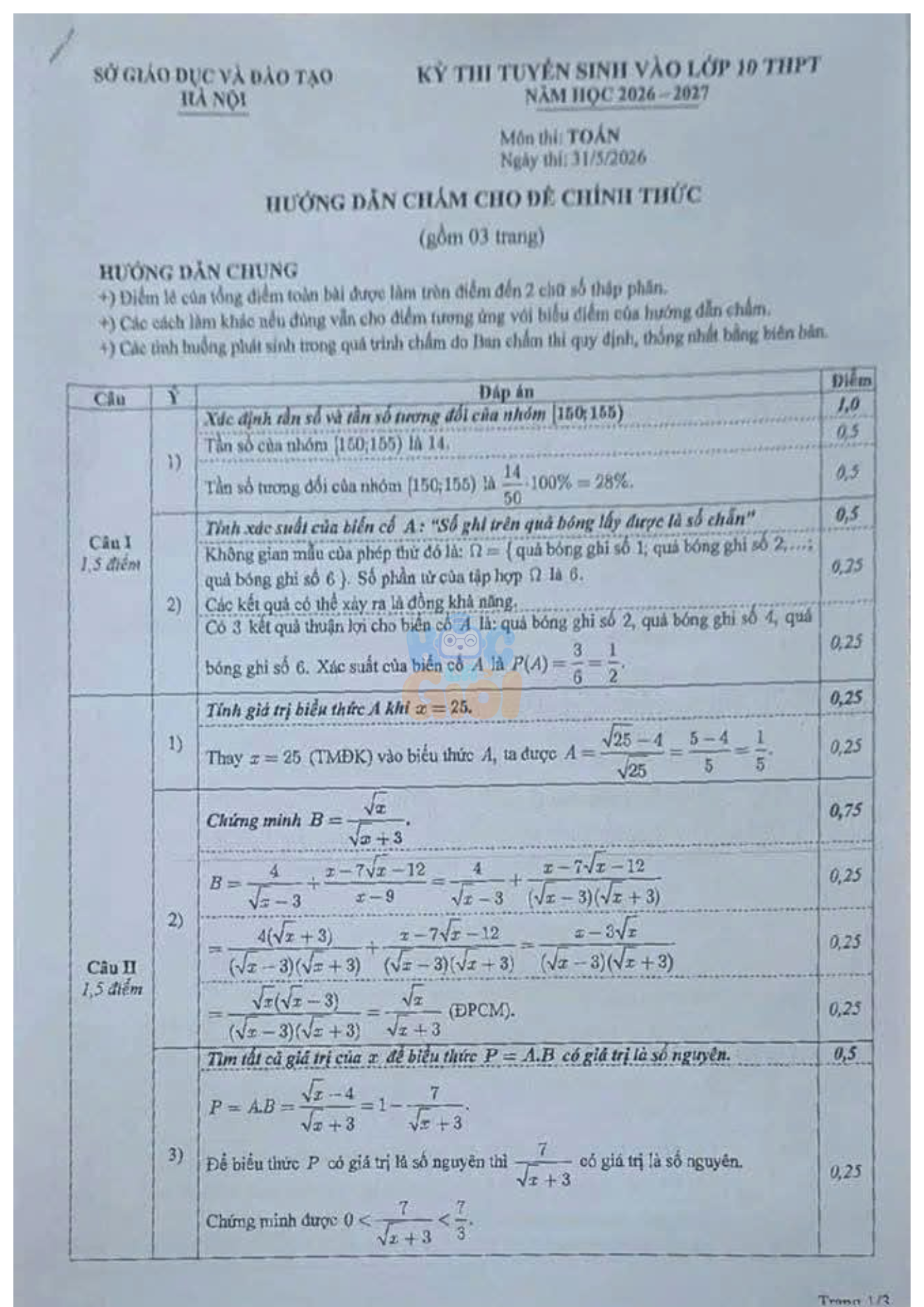 Đáp án đề thi môn Toán vào 10 TP Hà Nội 2026-2027