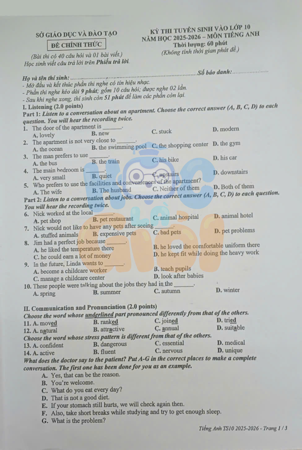 Đề thi và đáp án môn tiếng Anh vào 10 tỉnh Bình Dương 2025