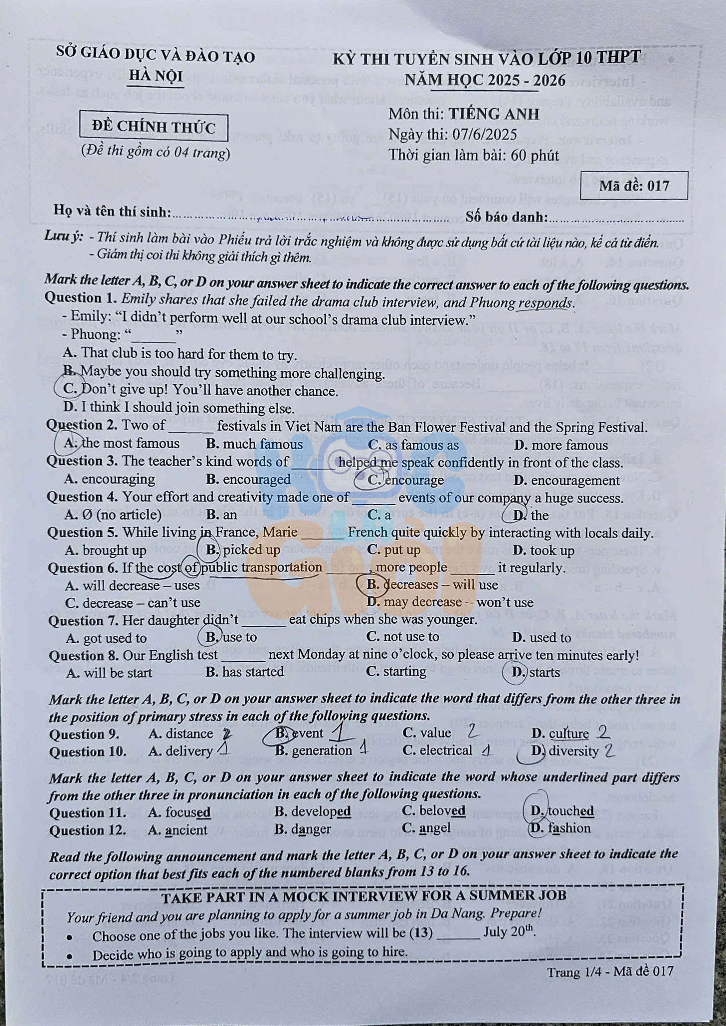 đề thi Tiếng Anh vào 10 tỉnh TP Hà Nội 2025 đề 017