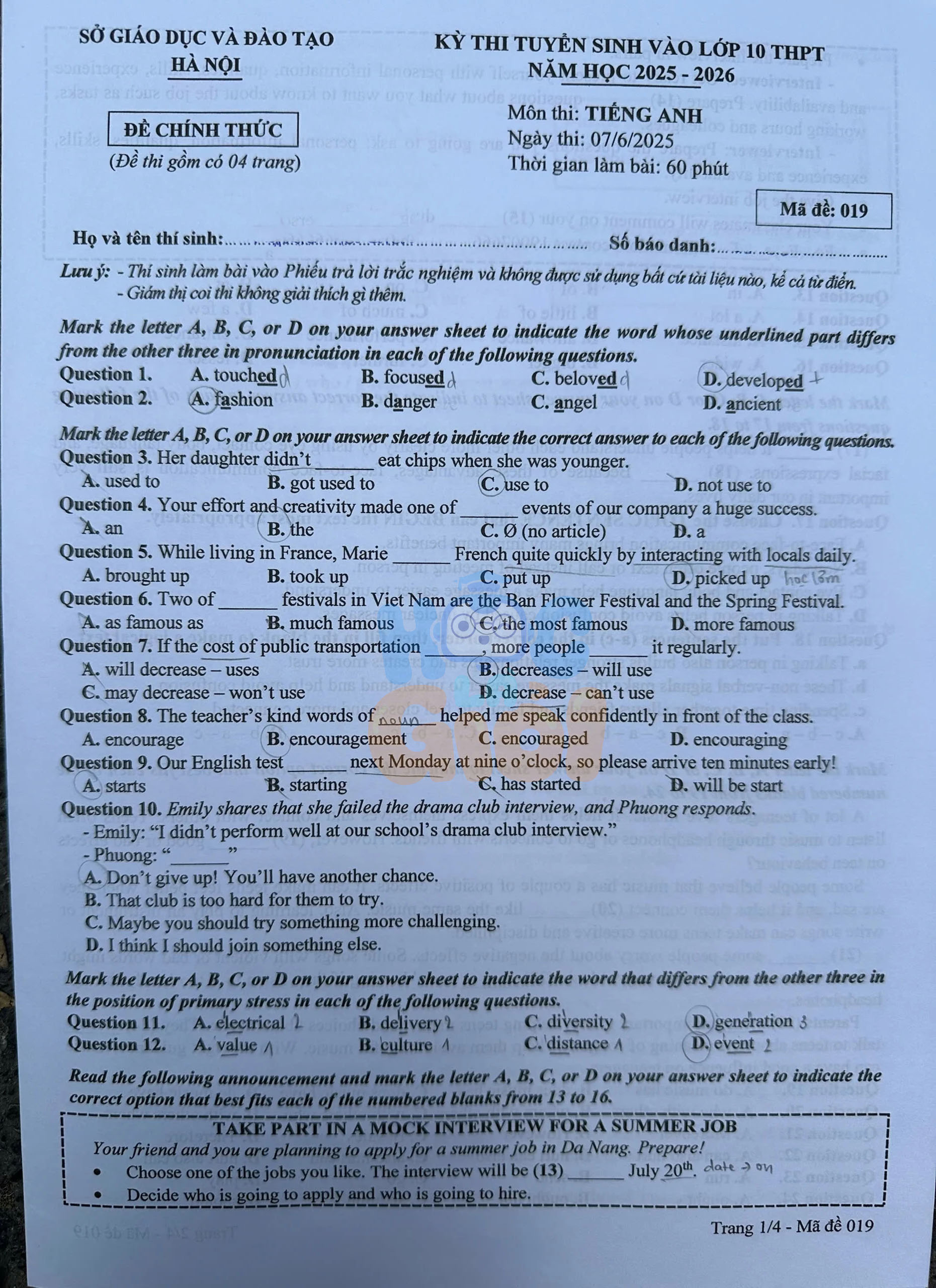 Đề thi Tiếng Anh vào 10 TP Hà Nội 2025-2026 019