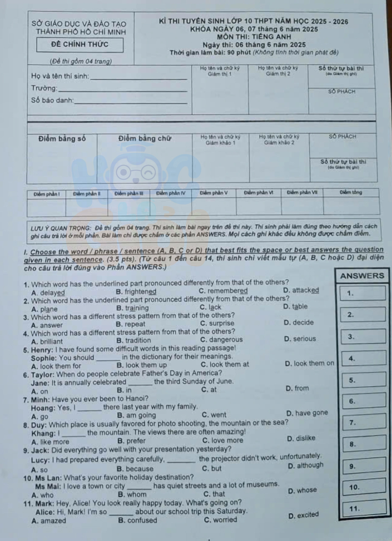 Đề thi Tiếng Anh vào 10 TP.HCM 2025-2026