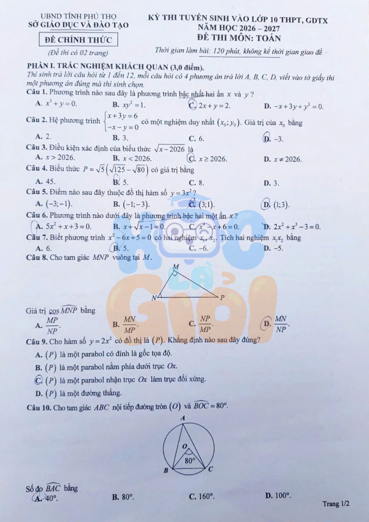 Đề thi và đáp án môn Toán vào 10 Phú Thọ 2026-2027