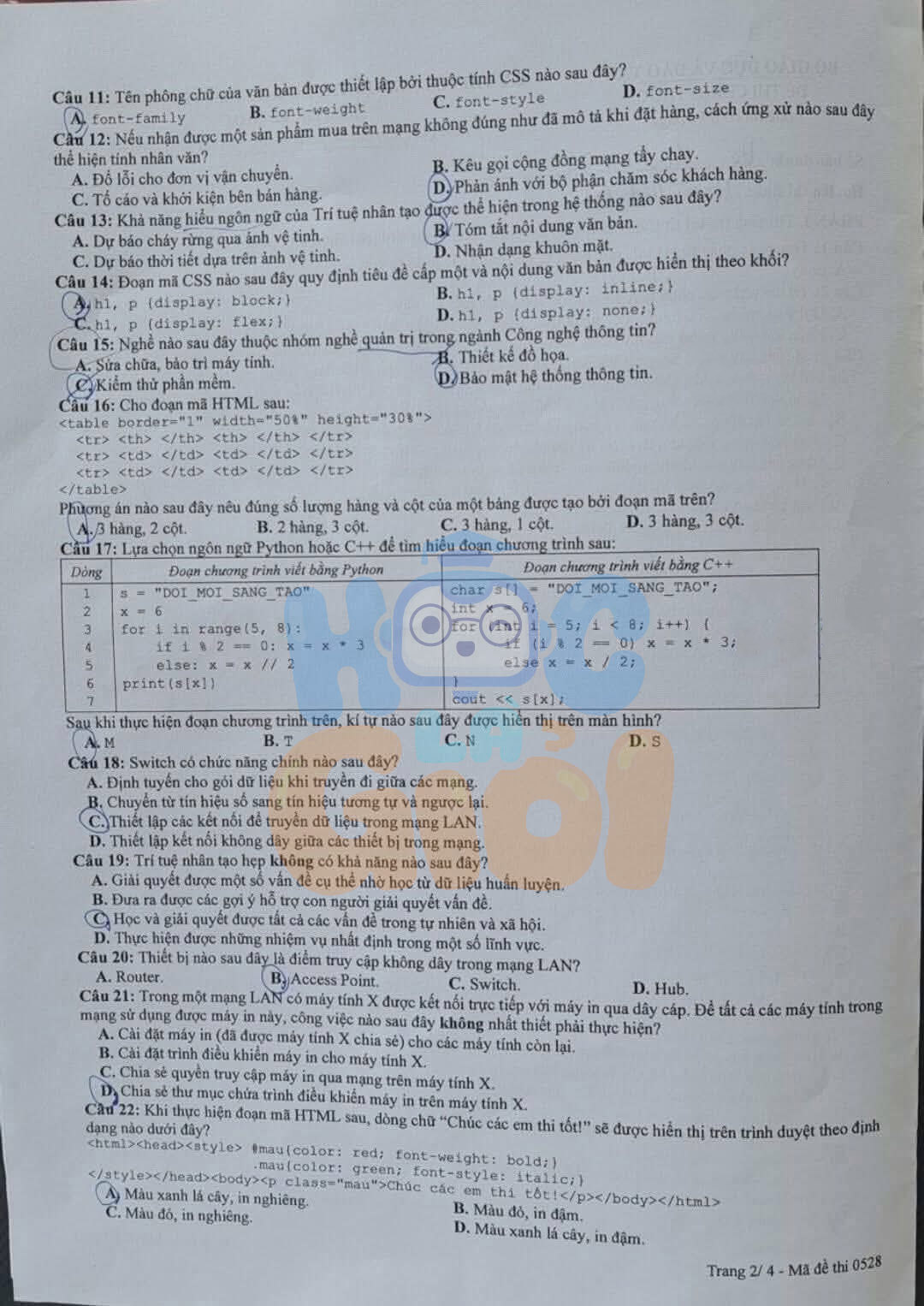 Đề thi môn Tin học THPT quốc gia 2025-2026 đề 0528
