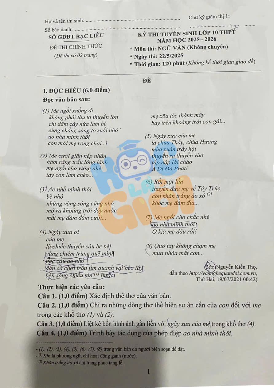Đề thi và đáp án môn văn vào 10 của tỉnh Bạc Liêu