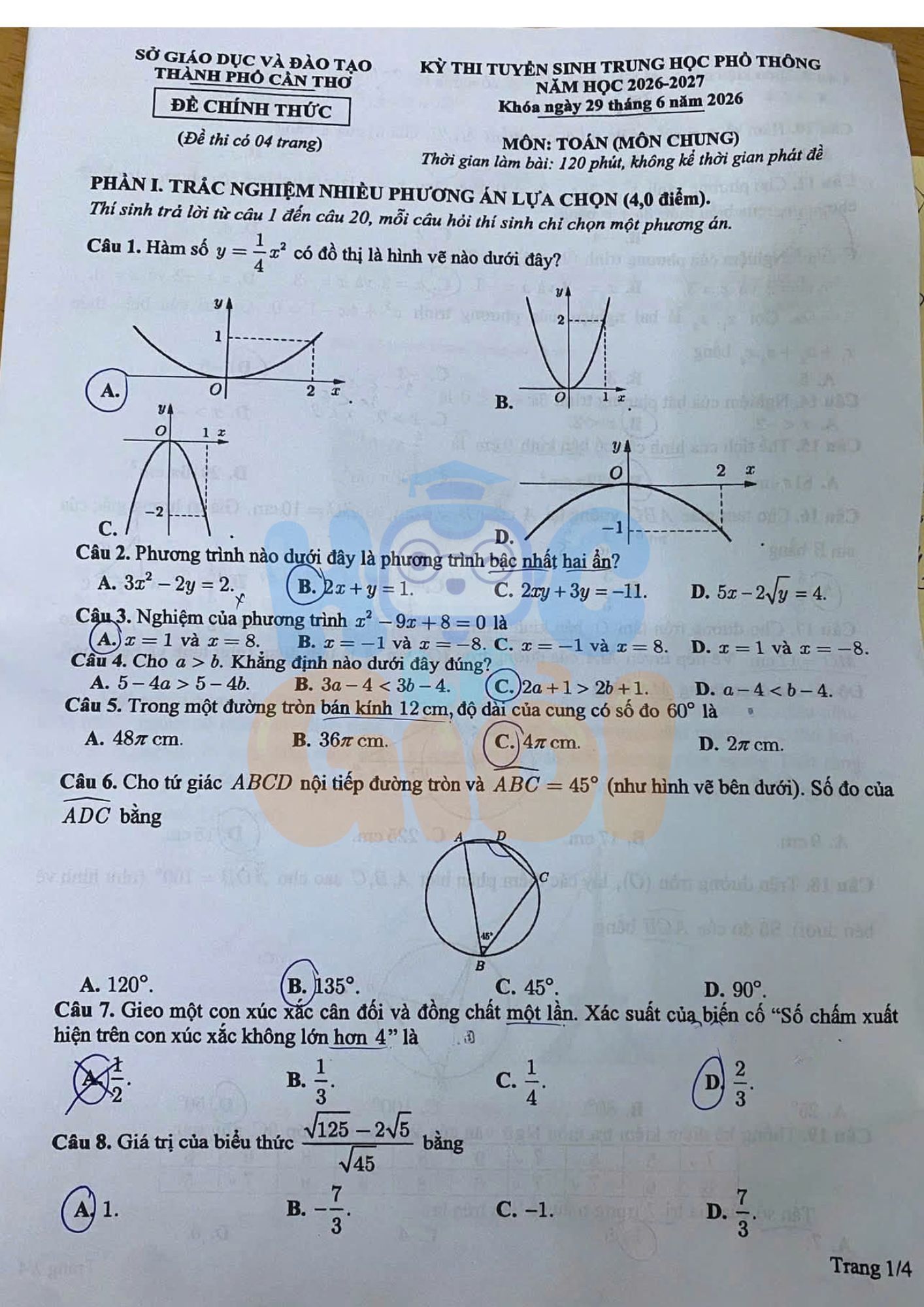 đề thi Toán vào 10 TP Cần Thơ 2026-2027