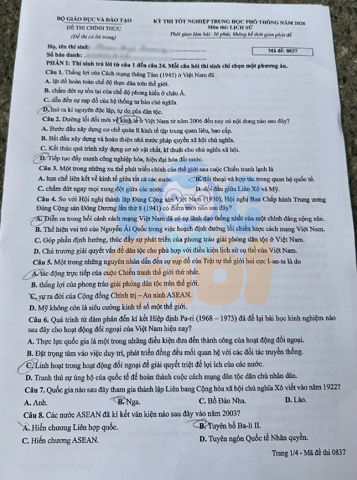 Đề thi môn Lịch sử THPT 2026