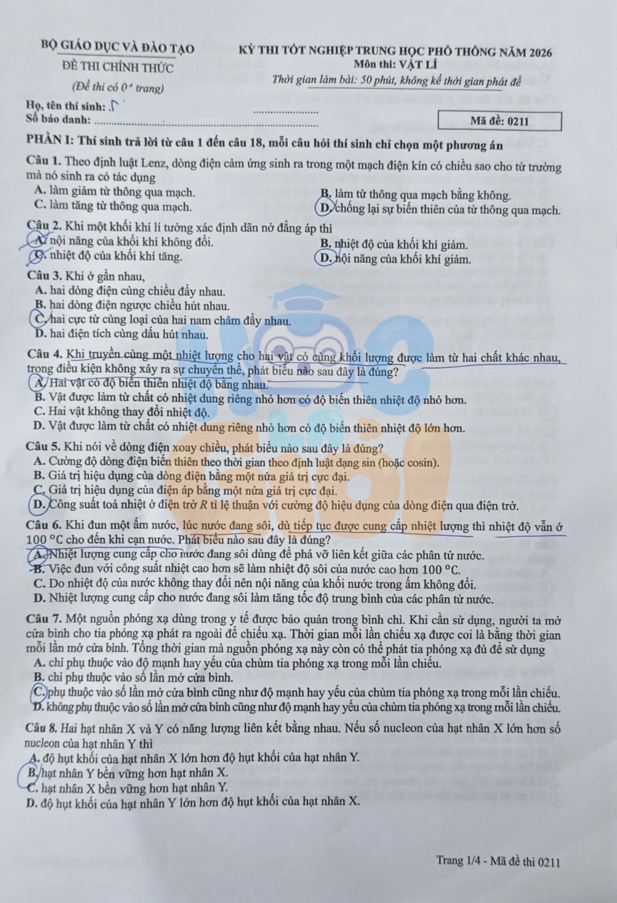 Đề thi môn Vật lý THPT 2026