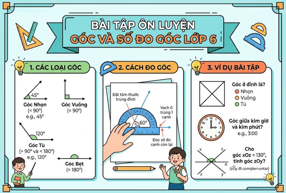Bài tập ôn luyện góc và số đo góc lớp 6
