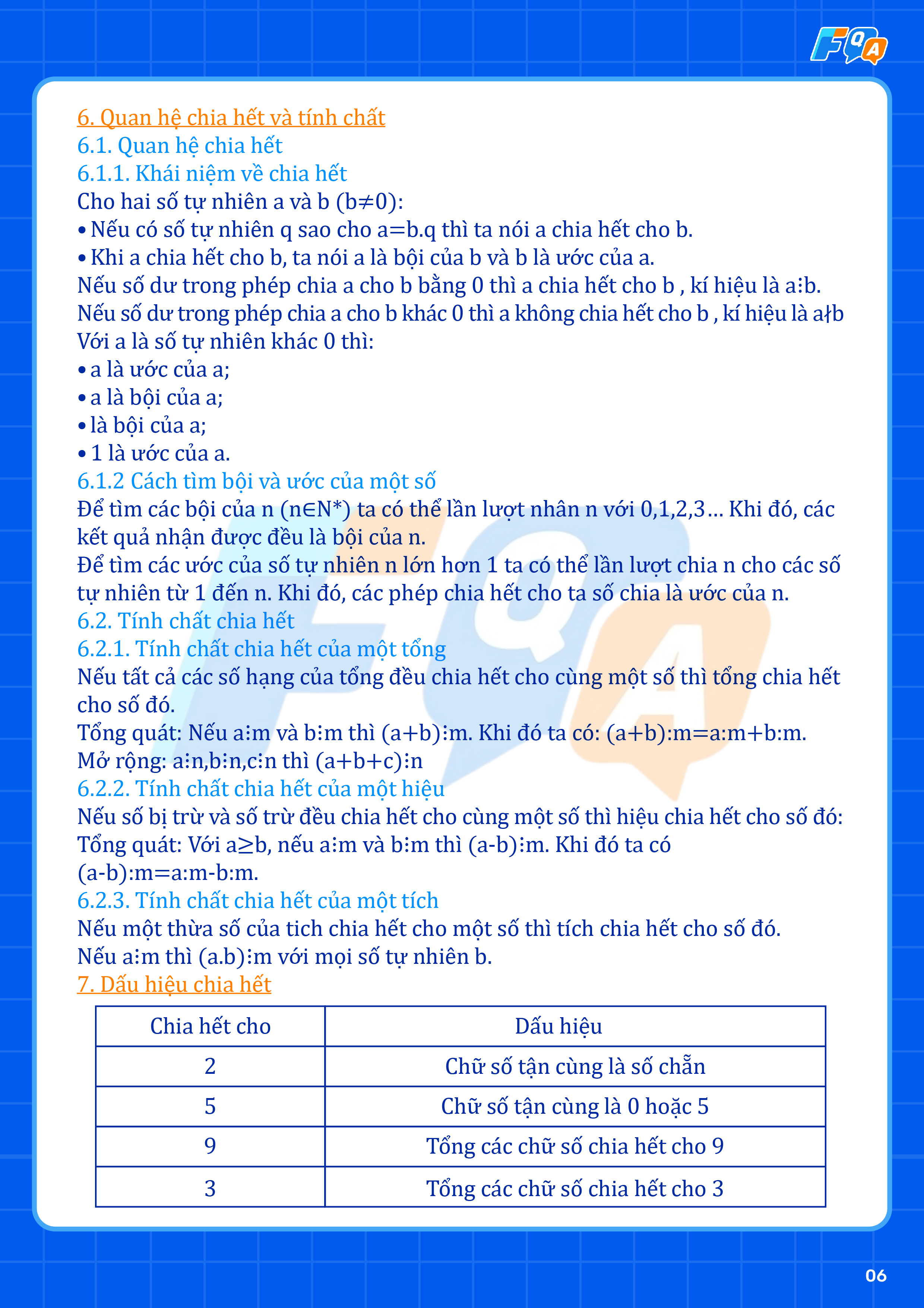 kiến thức toán lớp 6 quan hệ chia và tính chất