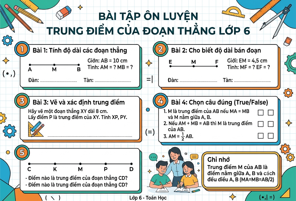 Bài tập ôn luyện trung điểm của đoạn thẳng lớp 6